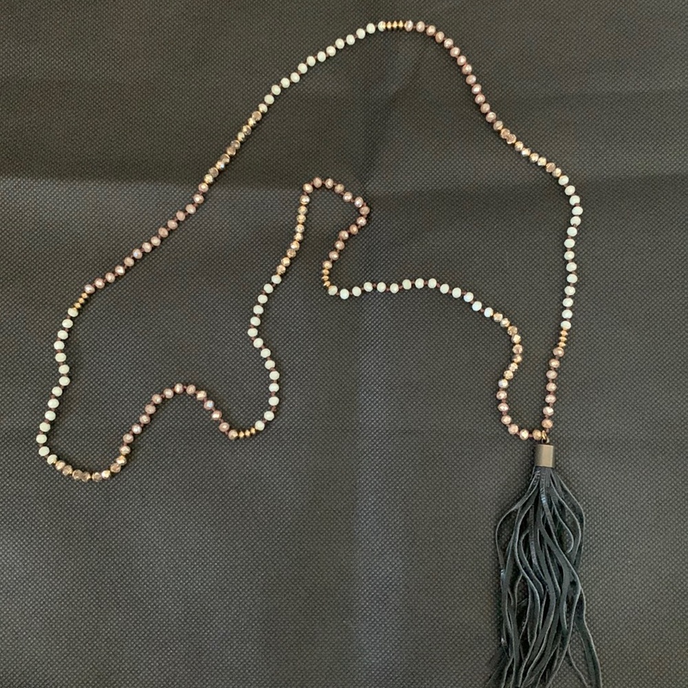 Glass stone chain with leather tassel